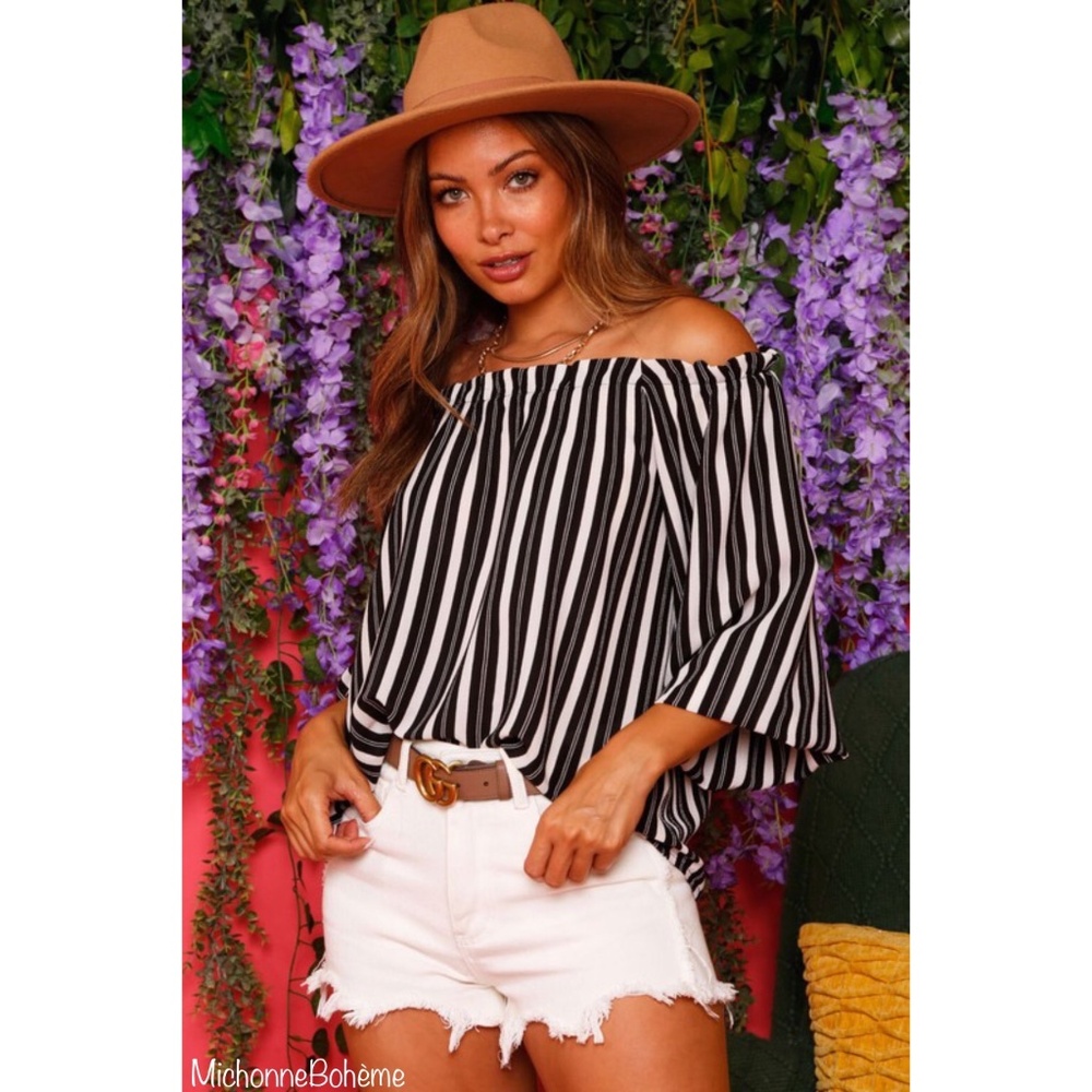 FANTASTIC FAWN Off Shoulder Striped Woven Ruffled Neck Top In Black & Cream
